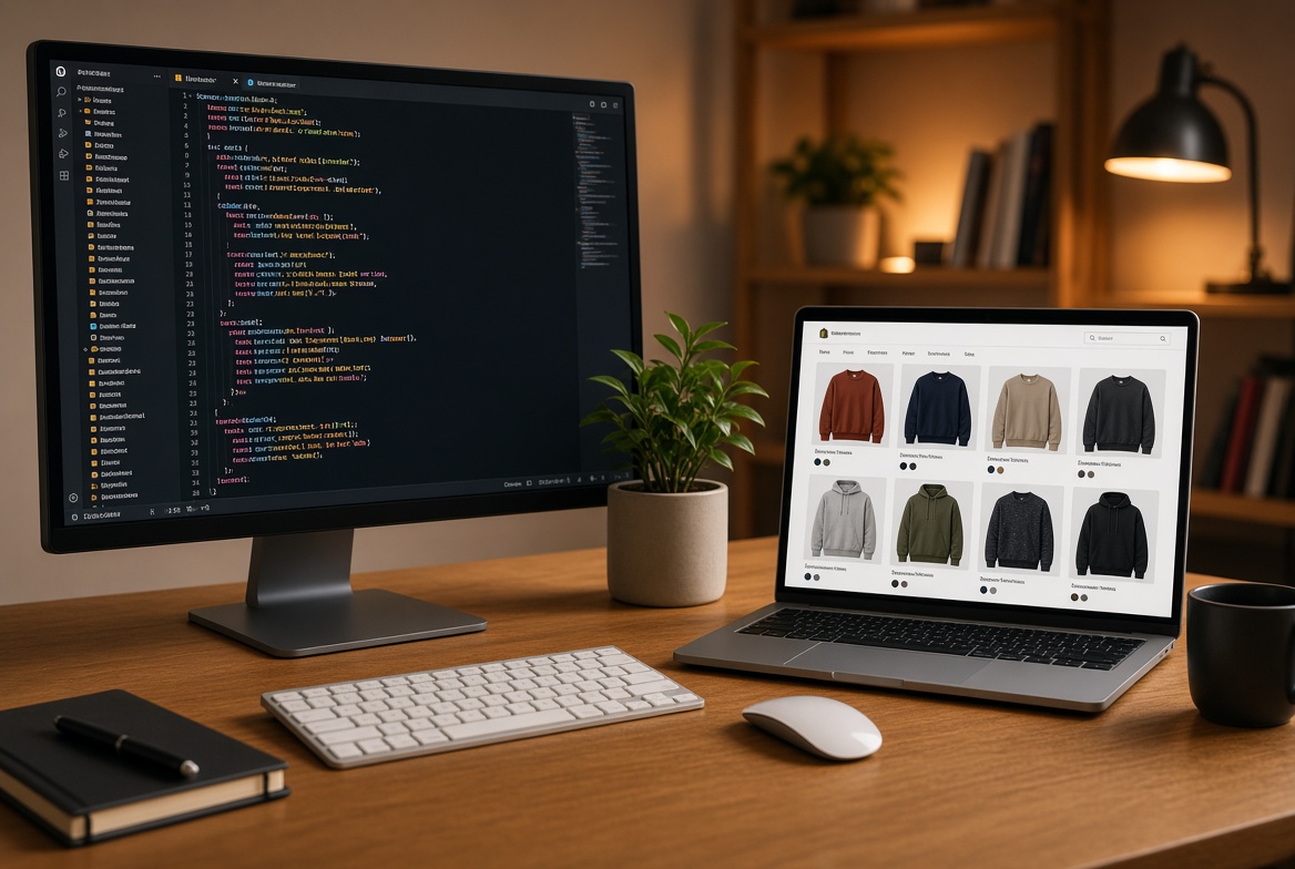 Code editor and online storefront on a workspace desk
