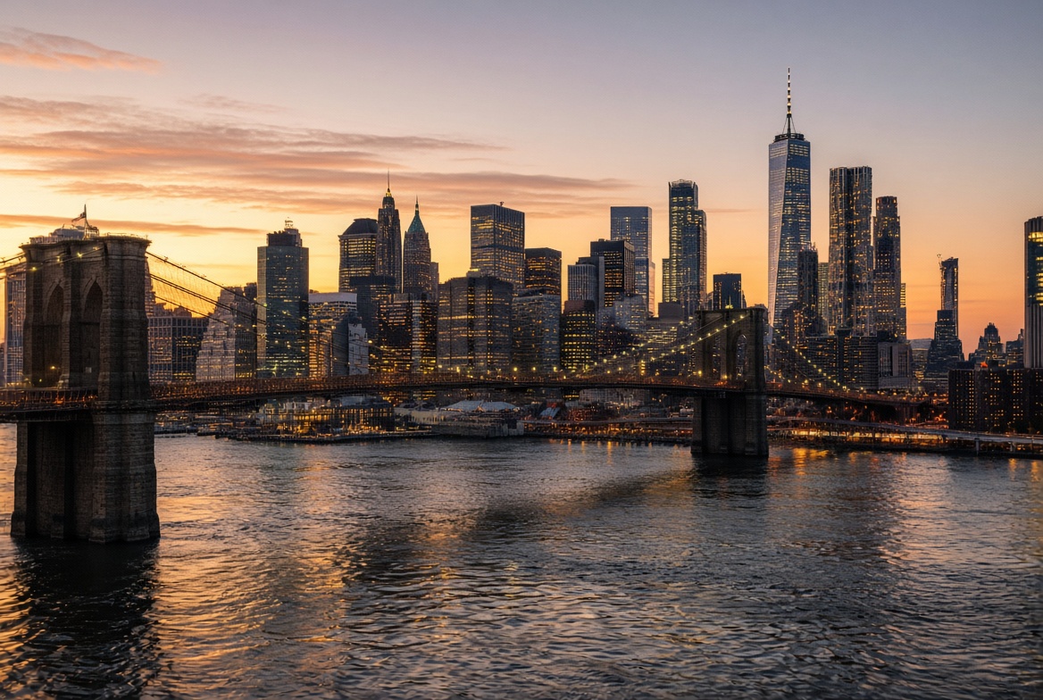 New York City skyline at dusk with Brooklyn Bridge